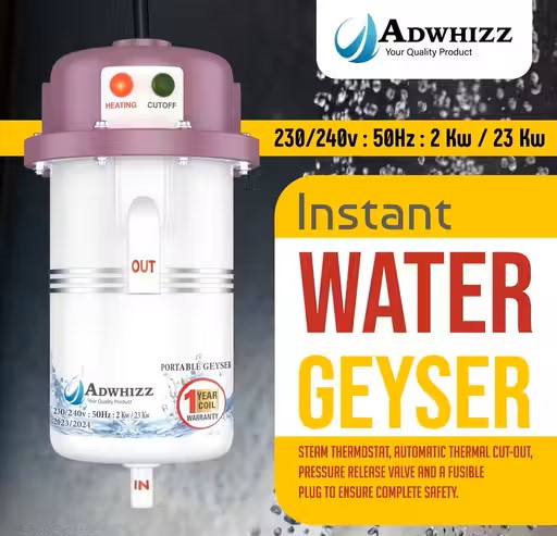 Instant Water Geyser | 1 Year Warranty | Portable Instant Water Heater | ABS Plastic Body | Auto Cut-Off | Copper Heating Element